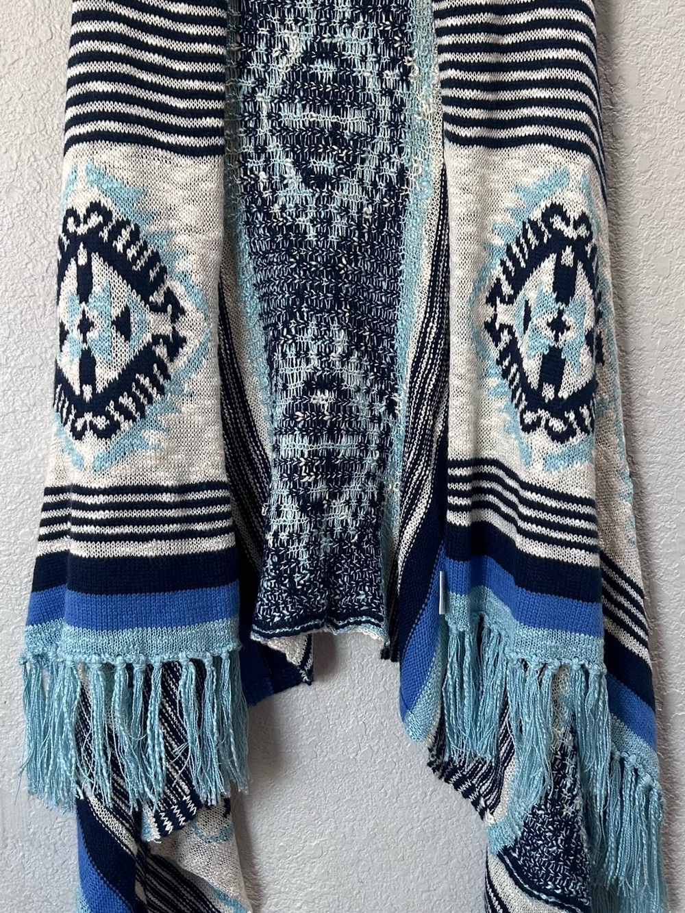 Pink Rose Blue & Navy Geometric Fringe Poncho
